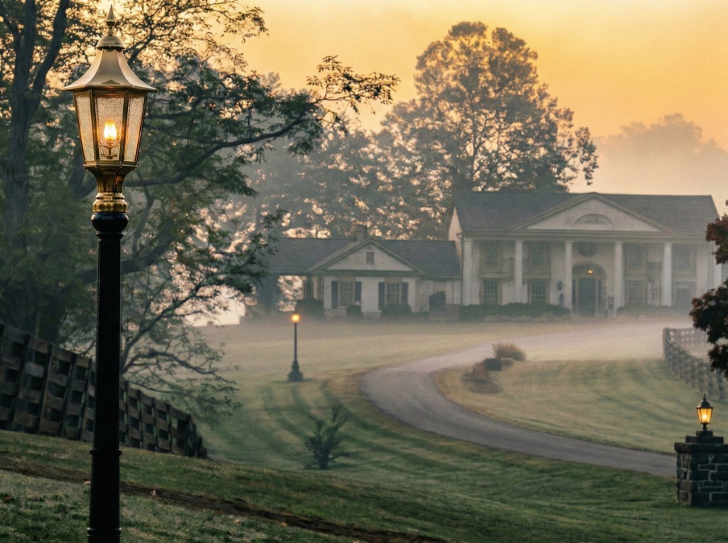 Misty Morning with Victorian Lantern and Mansion