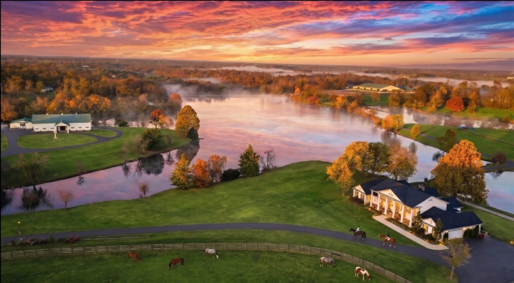Kentucky Thoroughbred Estate Sunset Aerial
